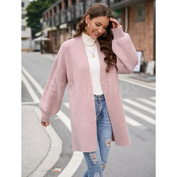 Knit Chevron Open Cardigan Bishop Sleeves Hip Length Pink & White - Picture 6 of 10